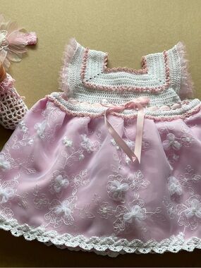 Pink Floral Lace Trim Girls' Formal Dress with Ribbon